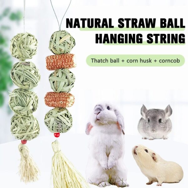 1pc small pets handwoven straw ball & corn cob hanging string toy for rabbits, hamsters, chinchilla & more!