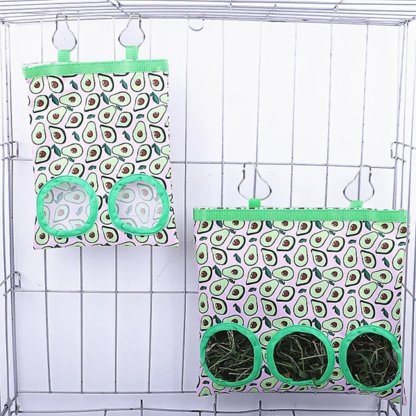 2/3 hole hanging food dispenser hay bag for small pets like bunnies, guinea pigs, hamsters, & more!