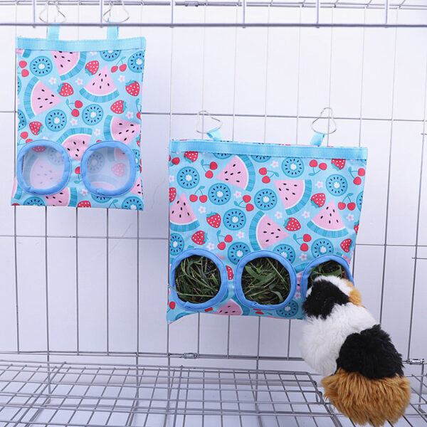 2/3 hole hanging food dispenser hay bag for small pets like bunnies, guinea pigs, hamsters, & more!