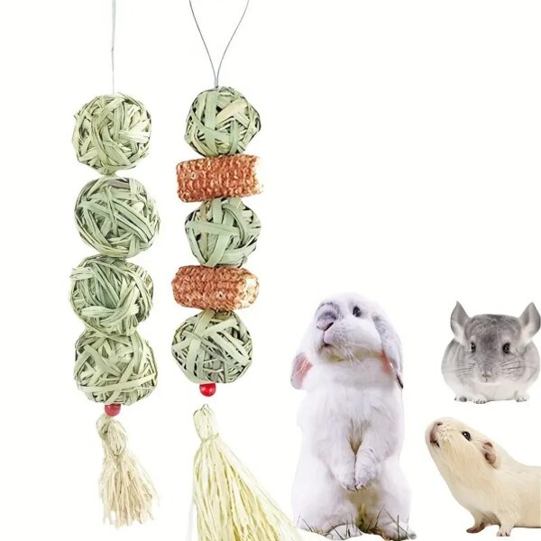 1pc small pets handwoven straw ball & corn cob hanging string toy for rabbits, hamsters, chinchilla & more!