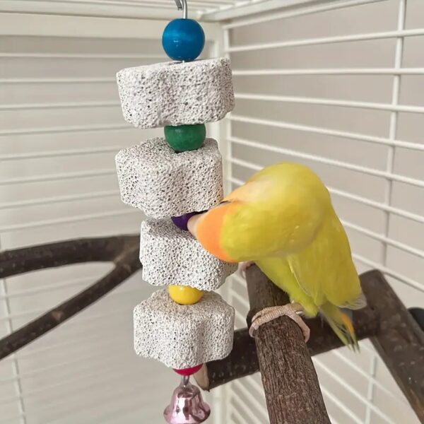 parrot hanging flower shape grinding mineral stone and bell toy for parrots, cockatiels, parakeets, lovebirds, & more!