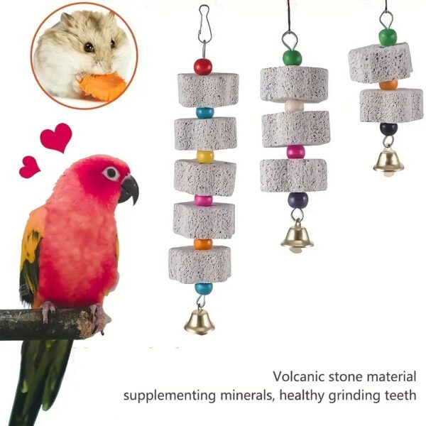 parrot hanging flower shape grinding mineral stone and bell toy for parrots, cockatiels, parakeets, lovebirds, & more!