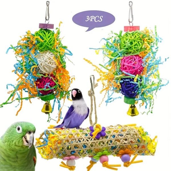 3pcs random color birds shredded paper & rattan ball toy for parrots, budgerigar, peony, cockatiel, & more!