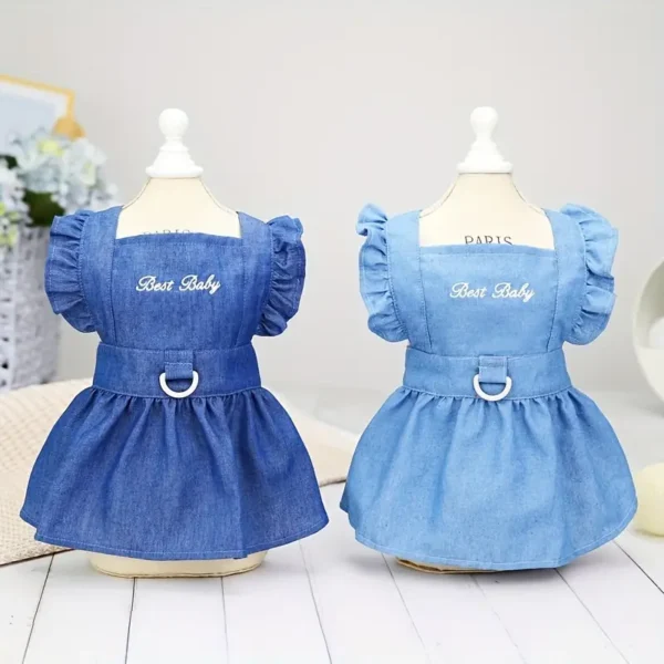 1pc cute summer outfit for small dogs, cute embroidered denim dress with traction ring!