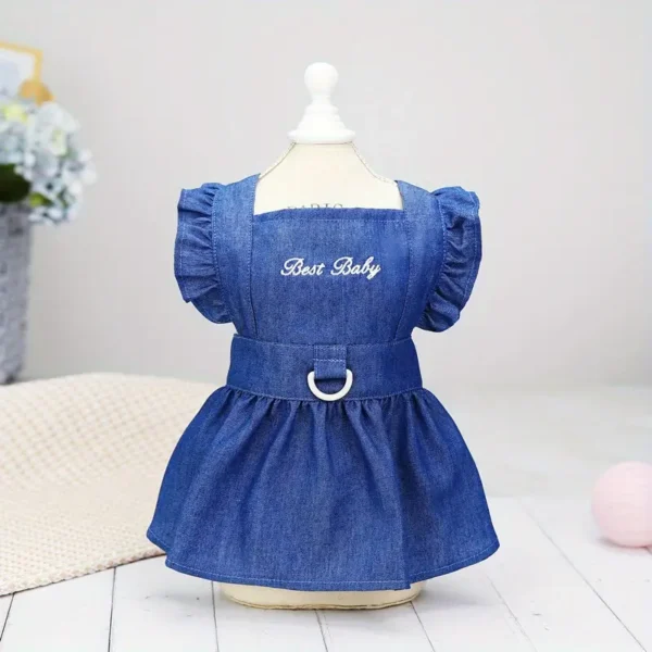 1pc cute summer outfit for small dogs, cute embroidered denim dress with traction ring!