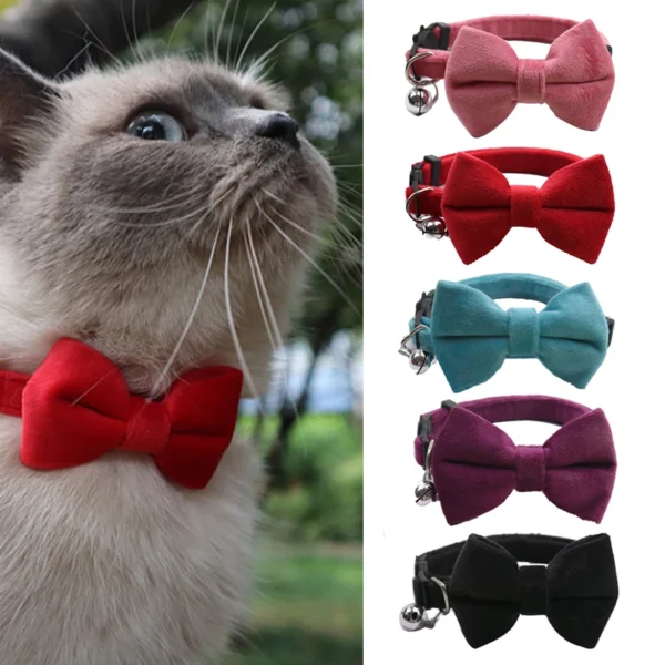 1pc adjustable velvet bow tie cat collar with bell, soft, breakaway design for comfort and safety!