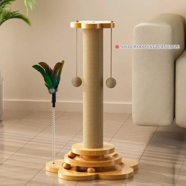 1pc wooden cat scratching post with turnable and hemp rope, durable and non shedding toy cats!